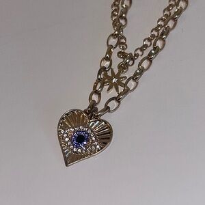 ✨BUY 2 GET 1 FREE✨ Double Layer Gold Heart Pendant Necklace with Blue Eye